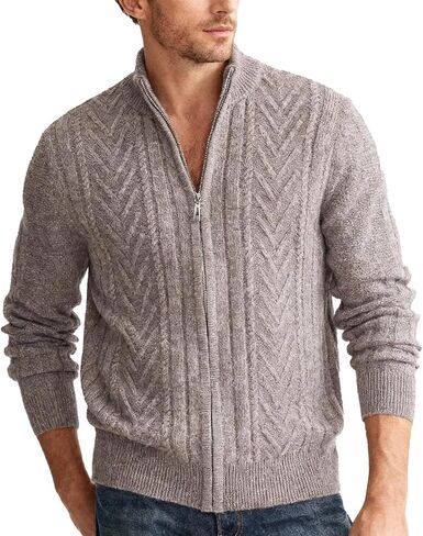 Men's 100% Wool Full-Zip Sweater Mid-Weight Cable Knit Cardigan in Saudi Arabia