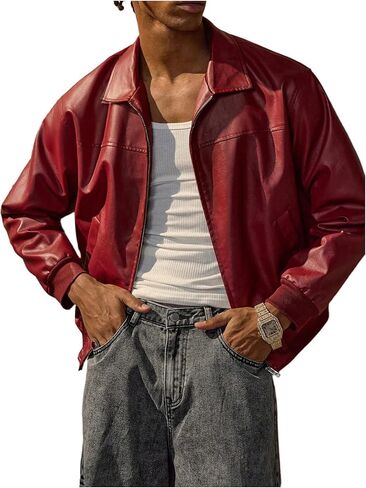Verdusa Men's Vintage Leather Jacket Zip Up Long Sleeve Collared Outwear with Pockets in Saudi Arabia