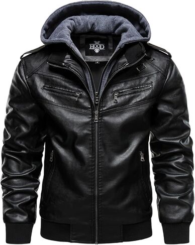 HOOD CREW Men's Leather Jackets Faux Bomber Jacket for Men Motorcycle Zip-Up Biker Coat With Hoodie in Saudi Arabia