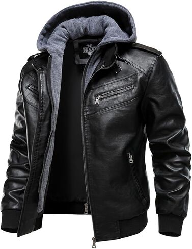 HOOD CREW Men's Leather Jackets Faux Bomber Jacket for Men Motorcycle Zip-Up Biker Coat With Hoodie in Saudi Arabia