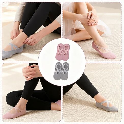 Women's Pilates Grip Socks - 2 Pairs Non-Slip Socks for Yoga, Reformer, Ballet & Home Workouts, Breathable Cotton with Crossover Straps, 2 Colors (Lavender, Coral Pink, Grape Purple, Blue Gray) in Saudi Arabia