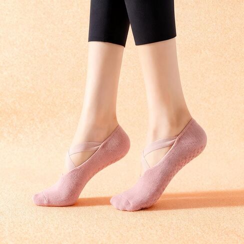 Women's Pilates Grip Socks - 2 Pairs Non-Slip Socks for Yoga, Reformer, Ballet & Home Workouts, Breathable Cotton with Crossover Straps, 2 Colors (Lavender, Coral Pink, Grape Purple, Blue Gray) in Saudi Arabia