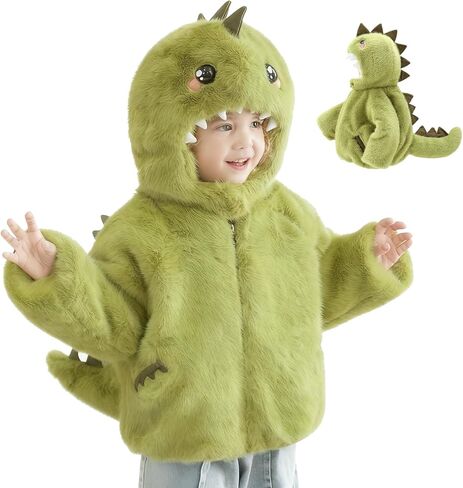 سترة بقلنسوة على شكل ديناصور للرضع والأطفال الصغار - معطف شتوي من الصوف الفخم مع مسامير ثلاثية الأبعاد، زي تنكري بسحاب للأولاد والبنات in Kuwait