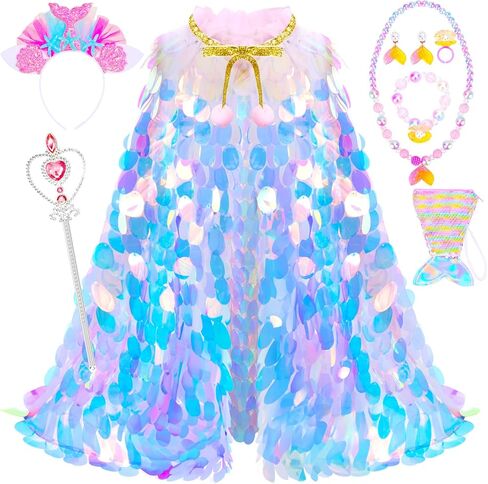 Princess Dress Up Cloak Princess Dress Up Clothes Mermaid Toys Rainbow Mermaid Princess Cloak Kit 9 Pcs Gift Set for Little Girls 3-8 Years Old, Great Gift Set for Birthday Christmas Halloween in Saudi Arabia