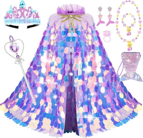 Princess Dress Up Cloak Princess Dress Up Clothes Mermaid Toys Rainbow Mermaid Princess Cloak Kit 9 Pcs Gift Set for Little Girls 3-8 Years Old, Great Gift Set for Birthday Christmas Halloween in Saudi Arabia