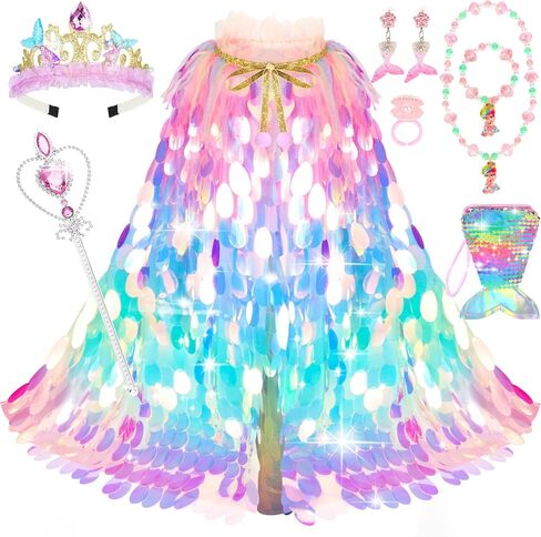 Princess Dress Up Cloak Princess Dress Up Clothes Mermaid Toys Rainbow Mermaid Princess Cloak Kit 9 Pcs Gift Set for Little Girls 3-8 Years Old, Great Gift Set for Birthday Christmas Halloween in Saudi Arabia