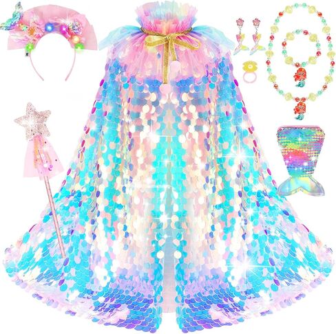 Princess Dress Up Cloak Princess Dress Up Clothes Mermaid Toys Rainbow Mermaid Princess Cloak Kit 9 Pcs Gift Set for Little Girls 3-8 Years Old, Great Gift Set for Birthday Christmas Halloween in Saudi Arabia