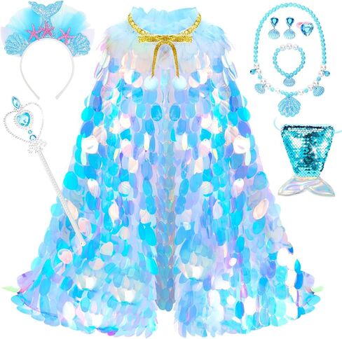 Princess Dress Up Cloak Princess Dress Up Clothes Mermaid Toys Rainbow Mermaid Princess Cloak Kit 9 Pcs Gift Set for Little Girls 3-8 Years Old, Great Gift Set for Birthday Christmas Halloween in Saudi Arabia