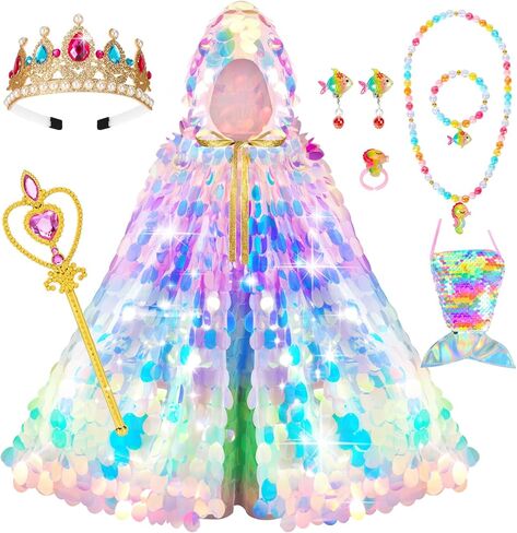 Princess Dress Up Cloak Princess Dress Up Clothes Mermaid Toys Rainbow Mermaid Princess Cloak Kit 9 Pcs Gift Set for Little Girls 3-8 Years Old, Great Gift Set for Birthday Christmas Halloween in Saudi Arabia