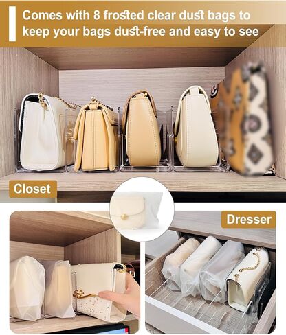 2-Pack Purse Organizers for Closet with 8 translucent Dustproof Storage Bags, Clear Acrylic 8-Slot Handbag Storage Shelf, No Assembly – Keeps Your Handbags Upright, Clear L in Saudi Arabia