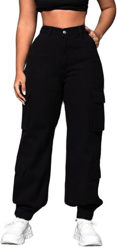 Black Cargo Pants for Womens Joggers with Pockets Elastic Ankle Cuffed High Waist Slim Casual Hiking Active Sweatpants, Blackab22314, M in Saudi Arabia