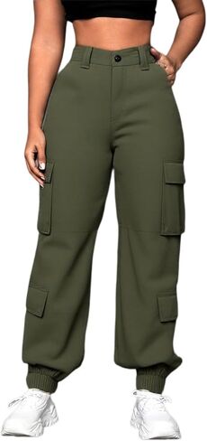 Black Cargo Pants for Womens Joggers with Pockets Elastic Ankle Cuffed High Waist Slim Casual Hiking Active Sweatpants in Kuwait
