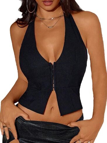 Women's Halter Deep V Neck Asymmetrical Split Hem Tie Neck Y2K Trendy Tank Top Halloween Costume Going out Crop Tops in Saudi Arabia