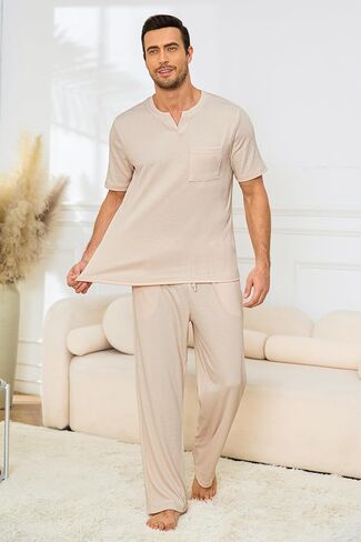 JiniGolla Mens Pajamas Set Soft Short Sleeve Top and Pant Loungewear Sets 2 Piece Pjs with Pockets in Saudi Arabia
