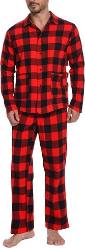 Men's Flannel Pajama Set 100% Cotton with Pockets Plaid Loungewear Sleepwear for Men with Adjustable Waistband R01 in Saudi Arabia