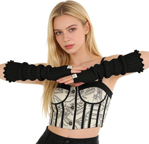 Black Arm Warmers Women Winter Long Black Cotton Fingerless Gloves Knit Mitten Elbow Length Gloves with Thumb Hole, Warm and Comfortable (Cotton) in Saudi Arabia