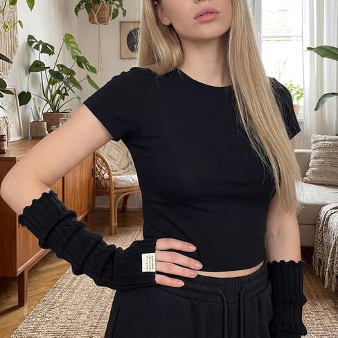 Black Arm Warmers Women Winter Long Black Cotton Fingerless Gloves Knit Mitten Elbow Length Gloves with Thumb Hole, Warm and Comfortable (Cotton) in Saudi Arabia