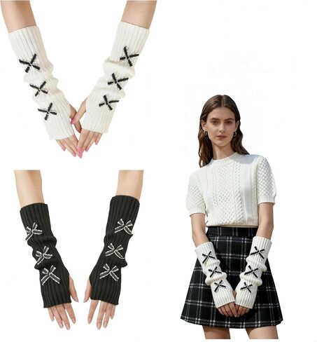 2Sets Cute Bow Knitted Arm Warmers for Women, Kawaii Black and White Long Fingerless Arm Sleeves with Bowbknot,Y2k Gloves for Cold Weather Gothic Fashionable Style in Saudi Arabia