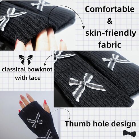 2Sets Cute Bow Knitted Arm Warmers for Women, Kawaii Black and White Long Fingerless Arm Sleeves with Bowbknot,Y2k Gloves for Cold Weather Gothic Fashionable Style in Saudi Arabia