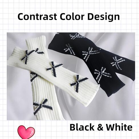 2Sets Cute Bow Knitted Arm Warmers for Women, Kawaii Black and White Long Fingerless Arm Sleeves with Bowbknot,Y2k Gloves for Cold Weather Gothic Fashionable Style in Saudi Arabia