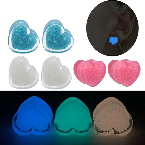 6Pcs(3pair) Glow in The Dark Acrylic Ear Tunnel Plug and Gauge Heart-Shaped Ear Expander Stretcher Ear Piercing Earring in Saudi Arabia