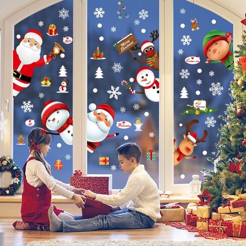 ملصقات نافذة عيد الميلاد 124 قطعة 4 أوراق، شارات عيد الميلاد، ملصقات نافذة مزخرفة على شكل ندفة الثلج سانتا كلوز، ديكور داخلي رجل خبز الرنة والزنجبيل للحفلات والمكتب المنزلي in Kuwait