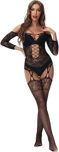 Women's Lingerie for Women Sexy One Shoulder Long Sleeve Mesh Lace Fishnet Bodystockings Crotchless Bodysuit Tights Nightwear in Saudi Arabia
