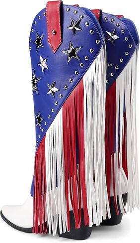 HiColor women's patriotic fringe studded cowboy boots pointed toe chunky heels boots in Saudi Arabia