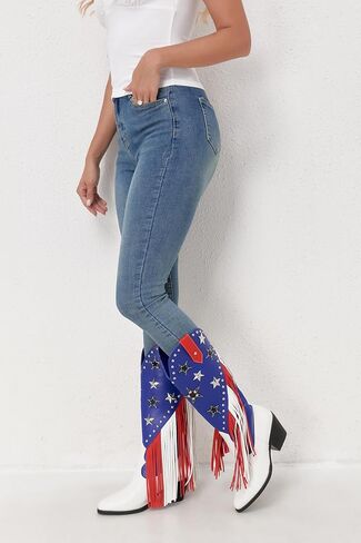 HiColor women's patriotic fringe studded cowboy boots pointed toe chunky heels boots in Saudi Arabia