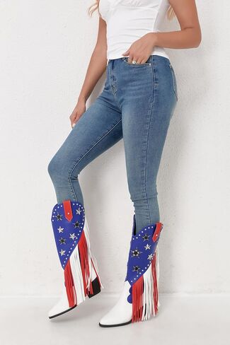 HiColor women's patriotic fringe studded cowboy boots pointed toe chunky heels boots in Saudi Arabia