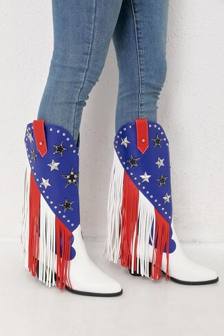 HiColor women's patriotic fringe studded cowboy boots pointed toe chunky heels boots in Saudi Arabia
