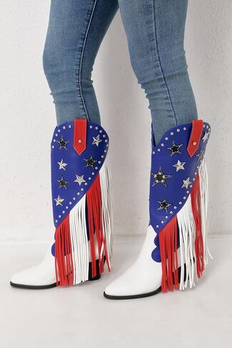 HiColor women's patriotic fringe studded cowboy boots pointed toe chunky heels boots in Saudi Arabia