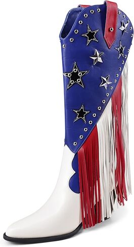 HiColor women's patriotic fringe studded cowboy boots pointed toe chunky heels boots in Saudi Arabia