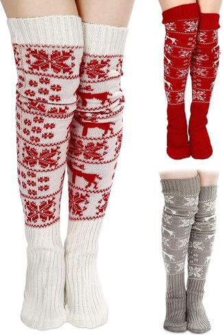 3 Pairs Christmas Thigh High Socks for Women Cable Knit Over the Knee Boot Socks Xmas Gift Long Warm Leg Warmers for Women Winter Leg Warmers in Saudi Arabia