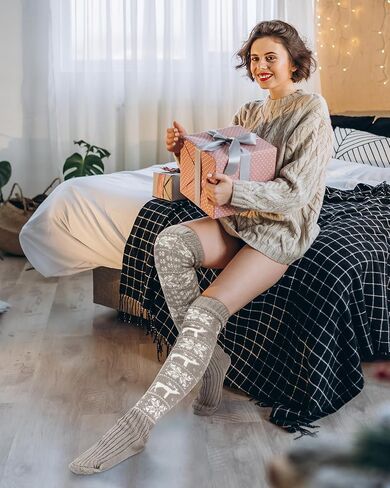 3 Pairs Christmas Thigh High Socks for Women Cable Knit Over the Knee Boot Socks Xmas Gift Long Warm Leg Warmers for Women Winter Leg Warmers in Saudi Arabia