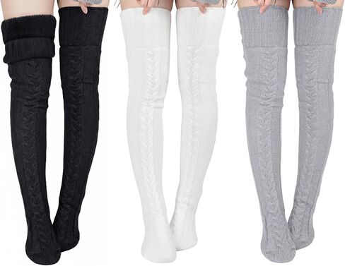 Suhine 3 Pair Women Fleece Lined Thigh High Socks Over Knee Cable Knit Boot Socks Winter Warm Thermal Leg Warmer Stocking in Saudi Arabia