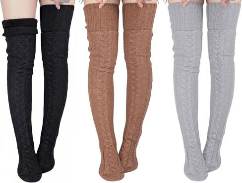Suhine 3 Pair Women Fleece Lined Thigh High Socks Over Knee Cable Knit Boot Socks Winter Warm Thermal Leg Warmer Stocking in Saudi Arabia