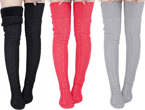 Suhine 3 Pair Women Fleece Lined Thigh High Socks Over Knee Cable Knit Boot Socks Winter Warm Thermal Leg Warmer Stocking in Saudi Arabia