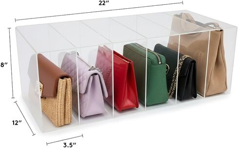 OnDisplay Deluxe Acrylic Purse Organizer for Closet Shelf, 6 Slot Clear Handbag Storage Holder 22" x 12" x 8", Tall 12 Inch Deep Compartments for Wallets, Clutches & Large Bags (12" Deep) in Saudi Arabia