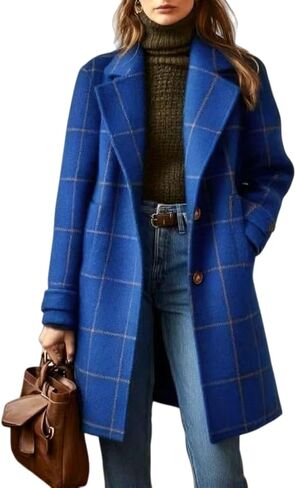 Women's Plaid Wool Coat,Winter Long Trench Coat, Checkered Pattern Lapel Jacket,Warm Button-Up Peacoat Overcoat in Saudi Arabia