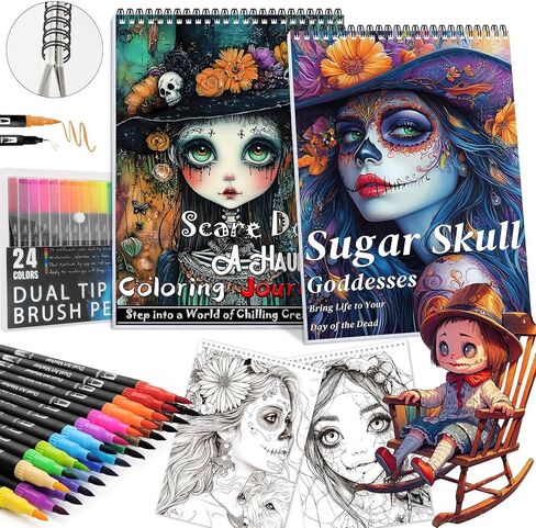 Adult Coloring Book for Women, 48 Patterns Spiral Bound Mindfulness Coloring Books for Adults Relaxation with 24 Dual-Tip Markers, Anxiety Relief Gifts Include Inspirational Quotes & Mandalas (2 Pack) in Kuwait