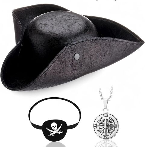 Pirate Hat Pirate Costume Accessories Leather Tricorn Hat Necklace Eye Patch Mardi Gras Party Men Women Distressed in Saudi Arabia