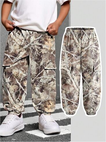 Boy's Camo Joggers Elastic Waist Baggy Cargo Pants Flap Pockets Casual Pants in Saudi Arabia