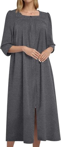 Bloggerlove Women's Zipper Robe 3/4 Sleeves Full Length House Dress Square Neck Housecoat Soft Cotton Nightgown with Pockets in Saudi Arabia