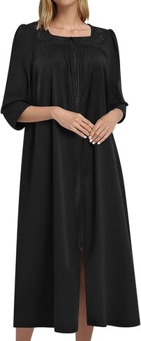 Bloggerlove Women's Zipper Robe 3/4 Sleeves Full Length House Dress Square Neck Housecoat Soft Cotton Nightgown with Pockets in Saudi Arabia