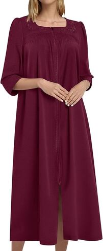 Bloggerlove Women's Zipper Robe 3/4 Sleeves Full Length House Dress Square Neck Housecoat Soft Cotton Nightgown with Pockets in Saudi Arabia
