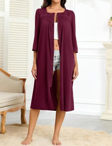 Bloggerlove Women's Zipper Robe 3/4 Sleeves Full Length House Dress Square Neck Housecoat Soft Cotton Nightgown with Pockets in Saudi Arabia