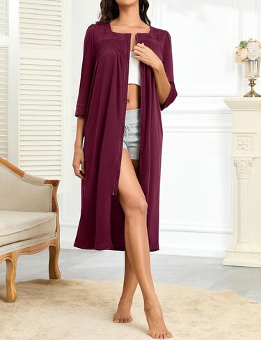 Bloggerlove Women's Zipper Robe 3/4 Sleeves Full Length House Dress Square Neck Housecoat Soft Cotton Nightgown with Pockets in Saudi Arabia