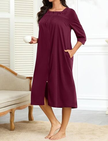 Bloggerlove Women's Zipper Robe 3/4 Sleeves Full Length House Dress Square Neck Housecoat Soft Cotton Nightgown with Pockets in Saudi Arabia