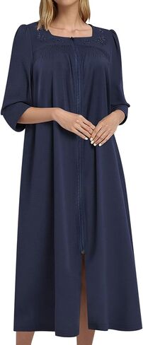 Bloggerlove Women's Zipper Robe 3/4 Sleeves Full Length House Dress Square Neck Housecoat Soft Cotton Nightgown with Pockets in Saudi Arabia